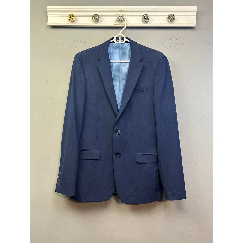 Egara Suit Jacket Mens 40 Long Blue Skinny Fit Stretch Gingham Lining‎ Preppy